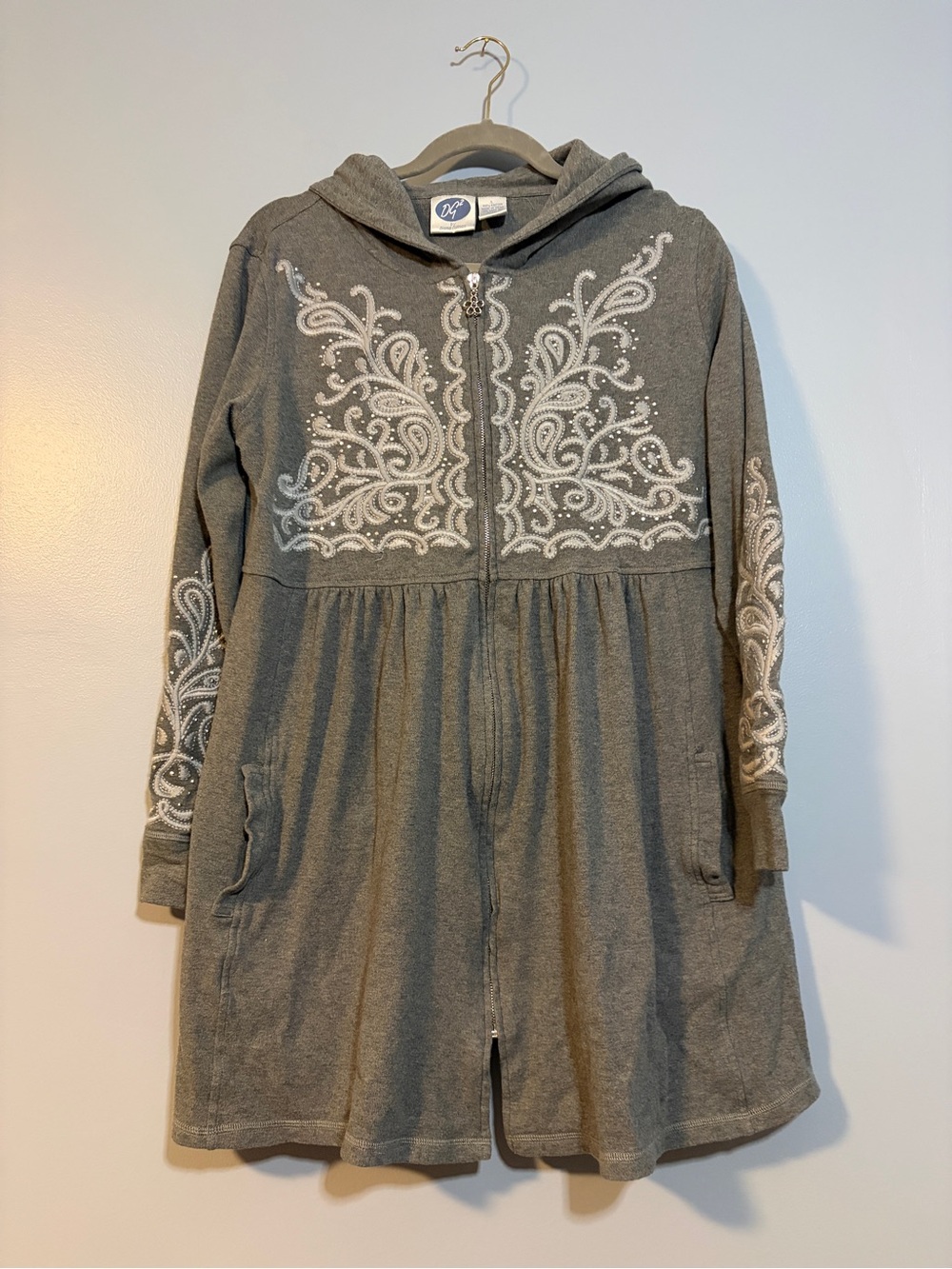 DG2 by Diane Gilman Gray Hooded Zip Jacket with White Embroidered Detail